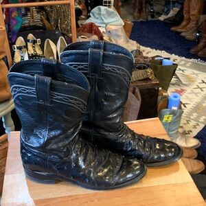 Black Ostrich Leather Cowboy Boots with embroidered tops